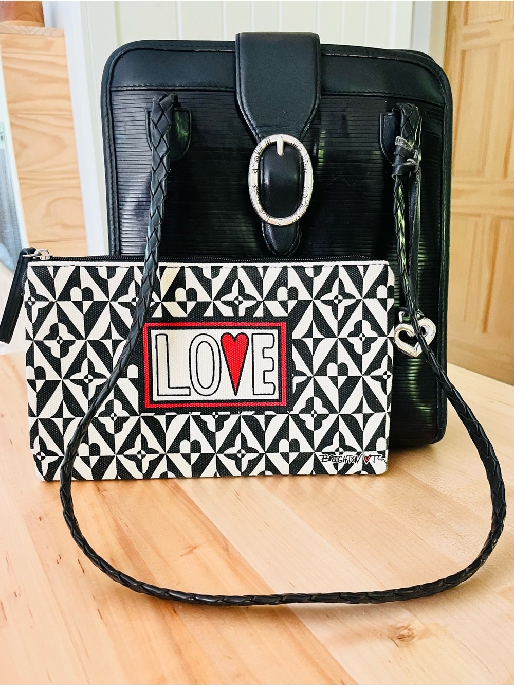 Brighton Vintage Black Shoulder Bag with Black & White 'LOVE' Pouch